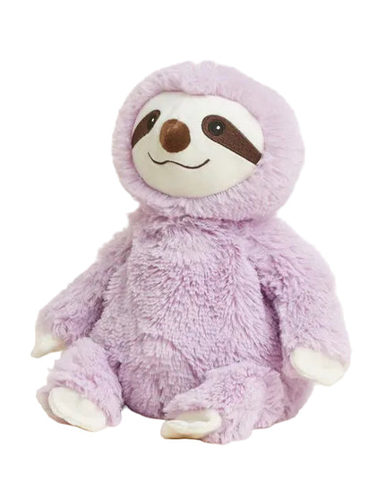 Plush toy sloth in a purple hoodie on a white background