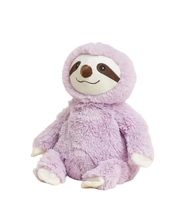 Plush toy sloth in a purple hoodie on a white background