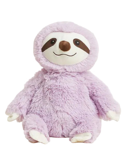 Plush toy sloth in a purple outfit on a light beige background