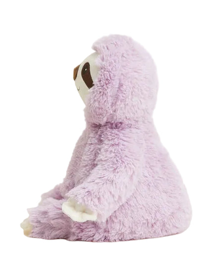 Plush toy sloth in purple on a white background