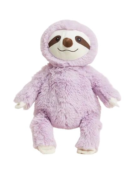 Plush toy sloth in a purple onesie on a light beige background