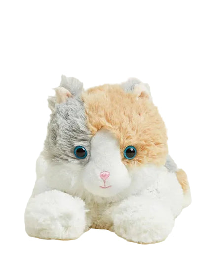 Plush toy resembling a cat with a white face and gray and orange body on a light background