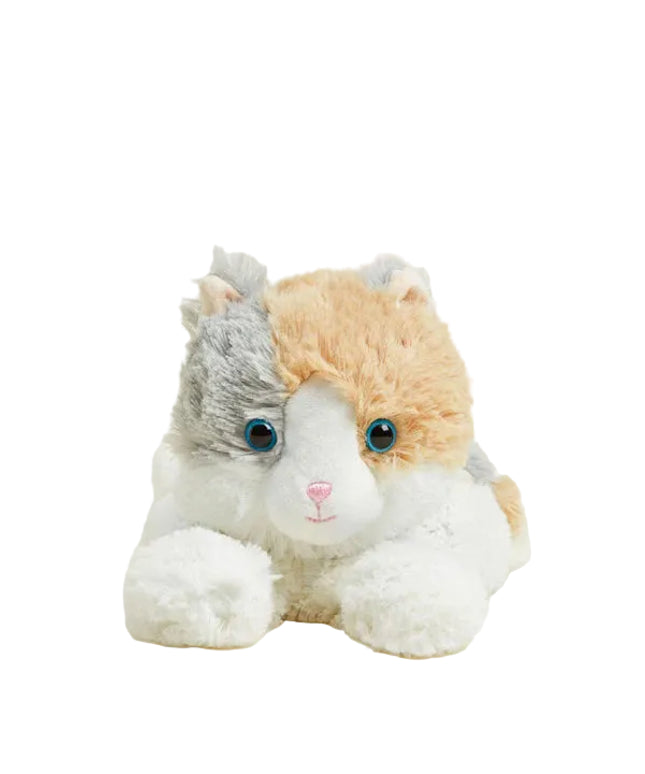 Plush toy resembling a cat with a white face and gray and orange body on a light background