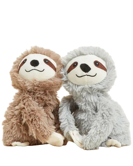 Two plush sloths, one brown and one gray, on a light background