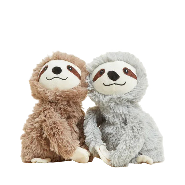 Two plush sloths, one brown and one gray, on a light background