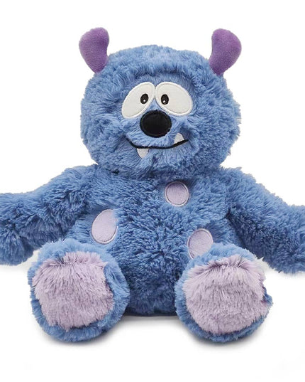Blue plush monster with purple spots, horns, and feet.