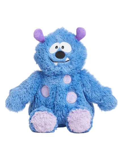 Blue plush toy with purple accents on a white background
