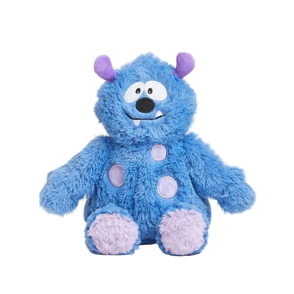 Blue plush toy with purple accents on a white background