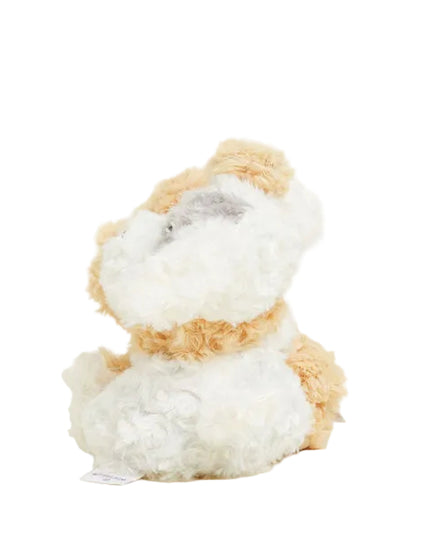 Two plush dogs, one brown and one white with gray patches, on a white background.