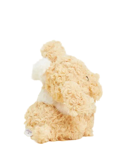 Two plush dogs, one brown and one white with gray patches, on a white background.
