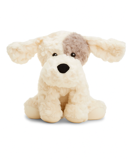 Plush dog Warmies with a brown patch on his white fur.
