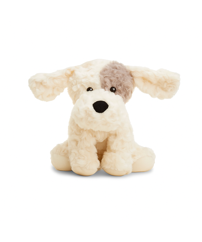 Plush dog Warmies with a brown patch on his white fur.