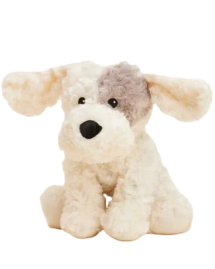 Plush dog Warmies with a brown patch on his white fur.