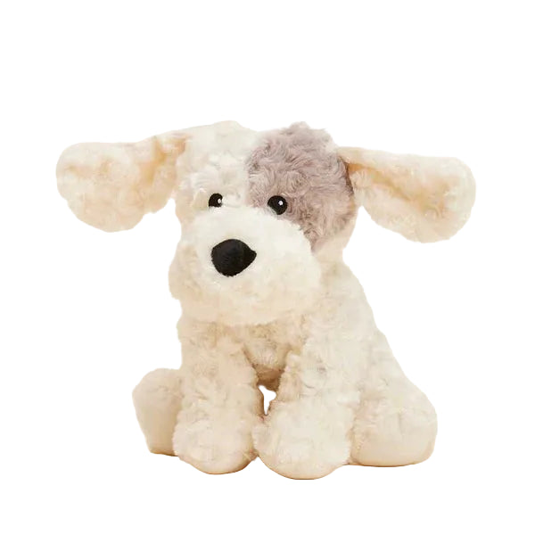 Plush dog Warmies with a brown patch on his white fur.