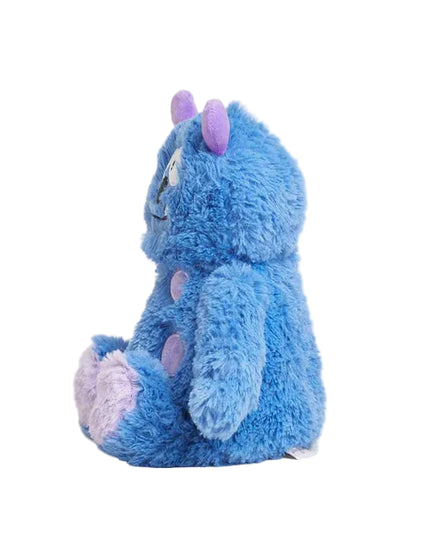 Blue plush toy with purple accents on a white background