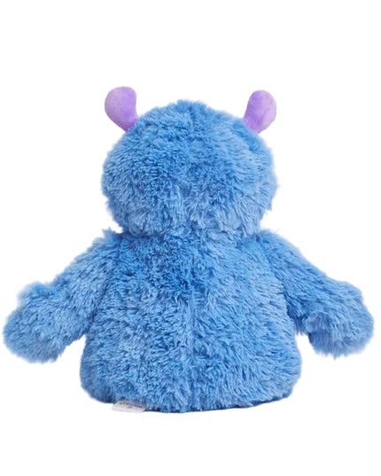 Blue plush toy with purple accents on a light gray background
