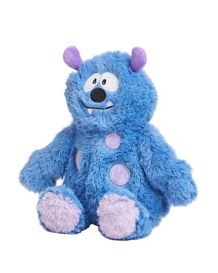 Blue plush toy with purple accents on a white background