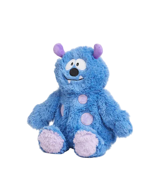 Blue plush toy with purple accents on a white background