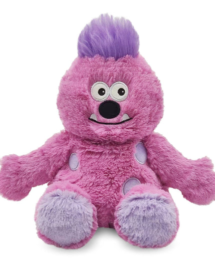 Pink plush monster with purple hair on a white background