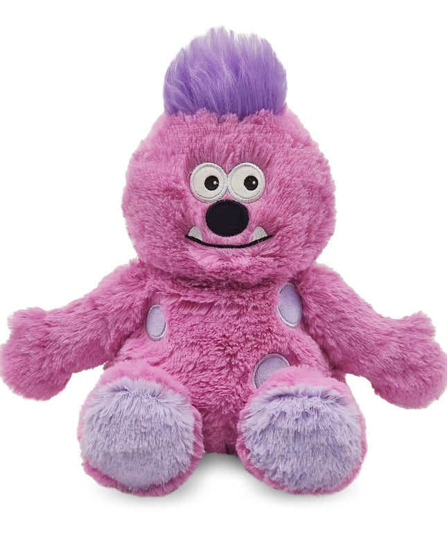 Pink plush monster with purple hair on a white background