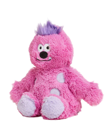 Pink plush toy with purple hair on a white background