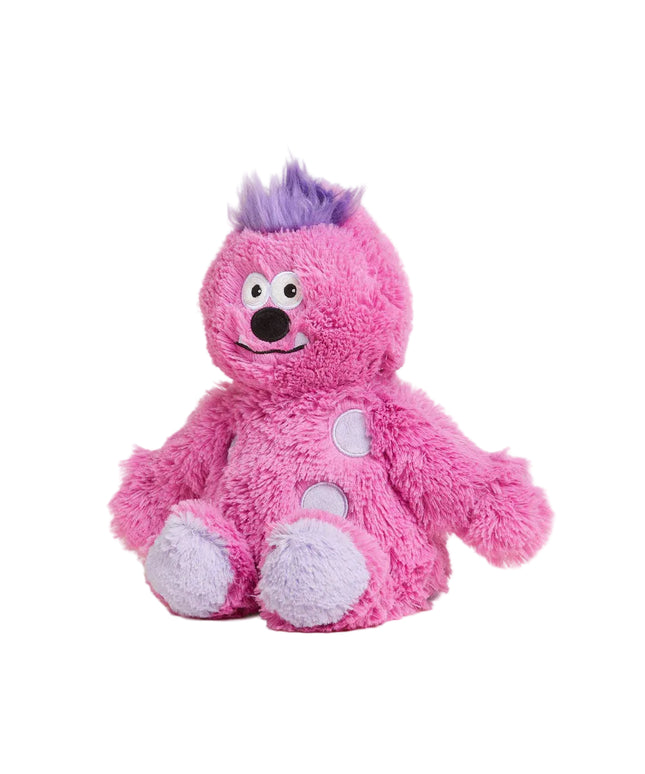Pink plush toy with purple hair on a white background