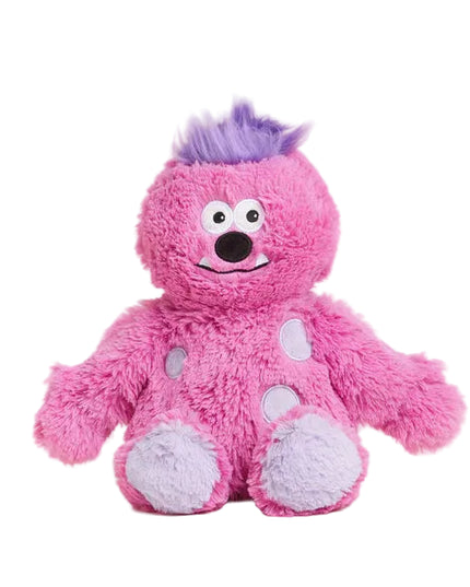 Pink plush toy with purple hair on a white background