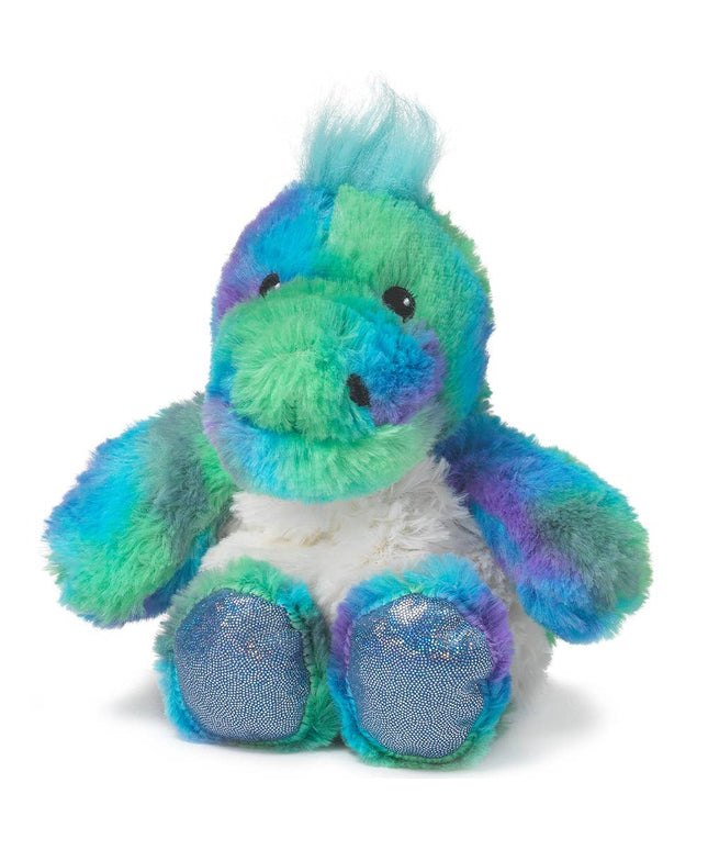 Multicolored plush dino warmie on a white background