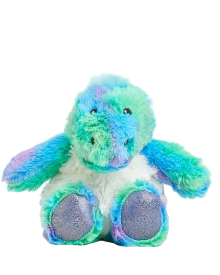 Multicolored plush dino warmie on a white background