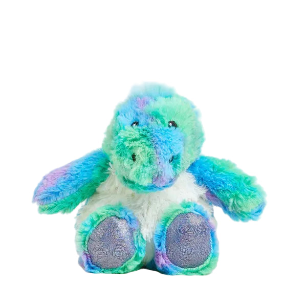 Multicolored plush dino warmie on a white background