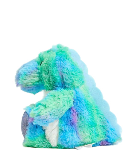 Multicolored plush dino warmie on a white background