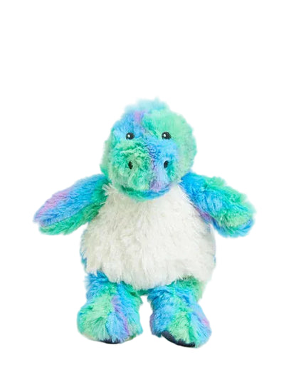 Multicolored plush dino warmie on a white background
