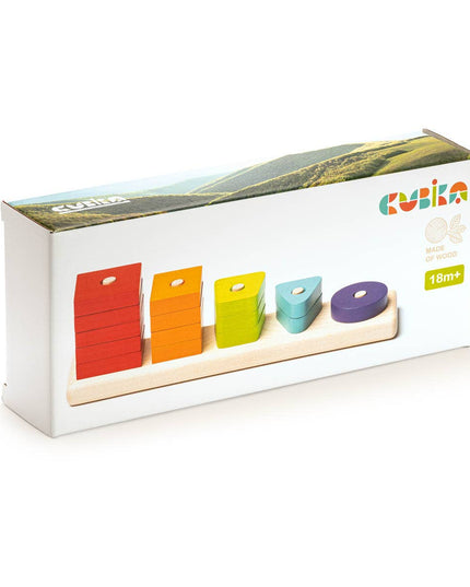 Colorful wooden blocks in a box with Cubika branding on a white background
