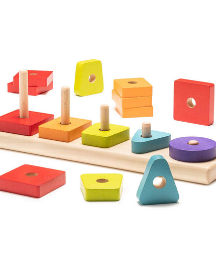 Colorful wooden geometric shape sorting toy on a white background