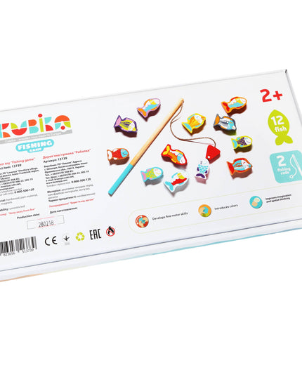 Kubika fishing game packaging with colorful fish and rod illustration on a white background