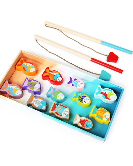 Colorful fishing game set with wooden fish and fishing rods in a box on a white background