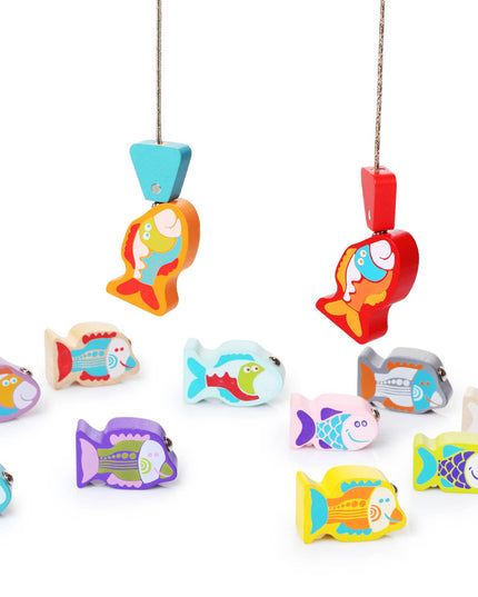 Colorful fishing game with wooden fish and a red fishing rod on a white background