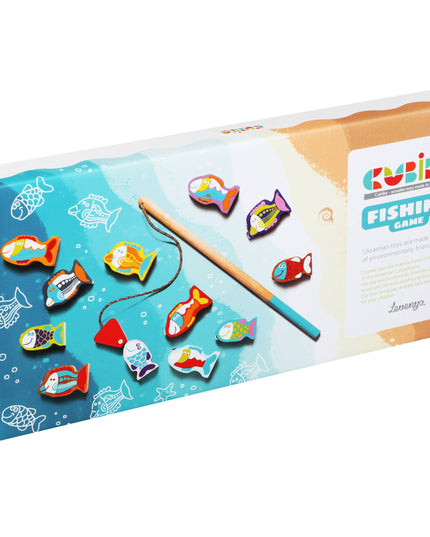 Kubika Fishing Game packaging with colorful fish and rod illustration on a blue background.