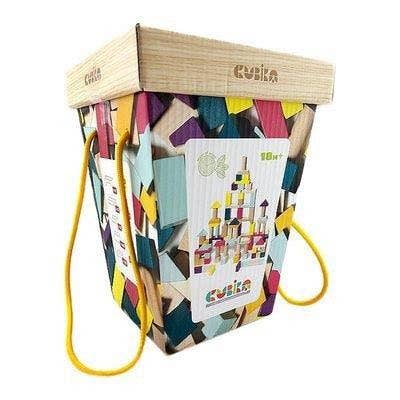 Colorful wooden block set in a carrying box with Cubika branding on a white background