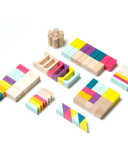 Colorful wooden building blocks on a white background