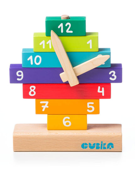 Colorful wooden block clock with numbers and Cubika branding on a white background