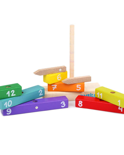 Colorful wooden number blocks with a stick on a white background