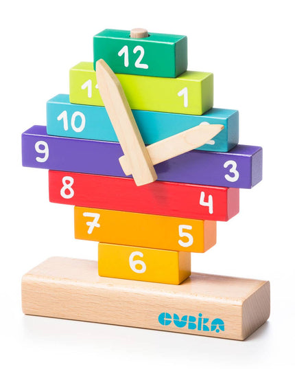 Colorful wooden block clock with numbers on a white background