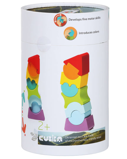 Colorful toy stacker in a white cylindrical packaging with Cubika branding.