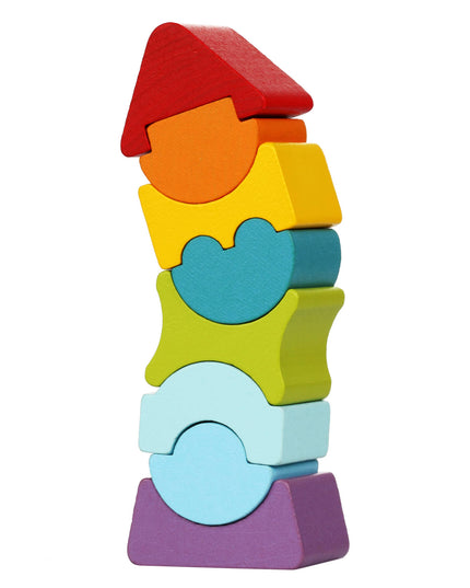 Colorful wooden stacking toy with a white background