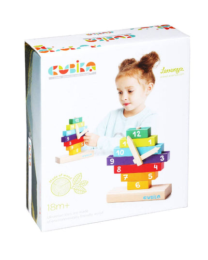 Cubika children's toy packaging with a child playing with colorful blocks.