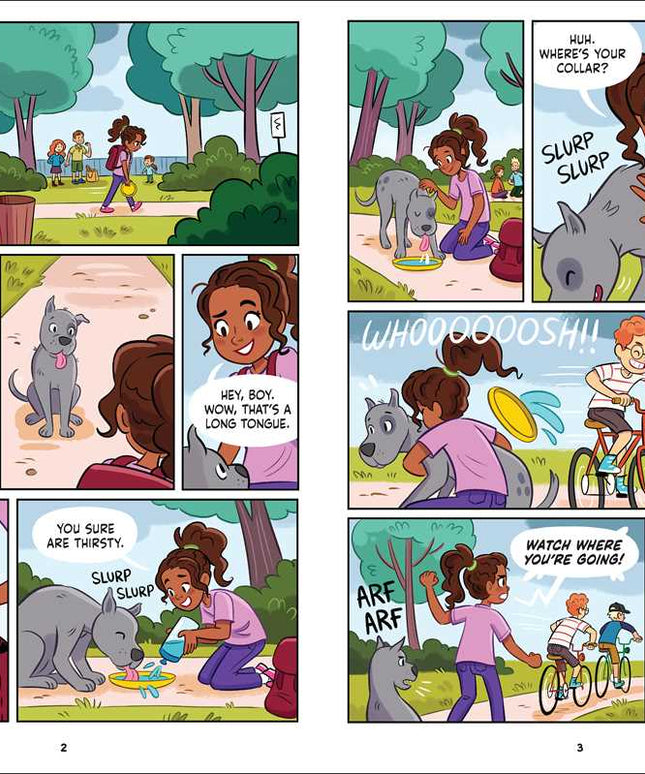 Comic strip with a girl interacting with a dog in a park setting