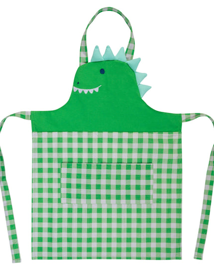 Green checkered apron with dinosaur design on a white background