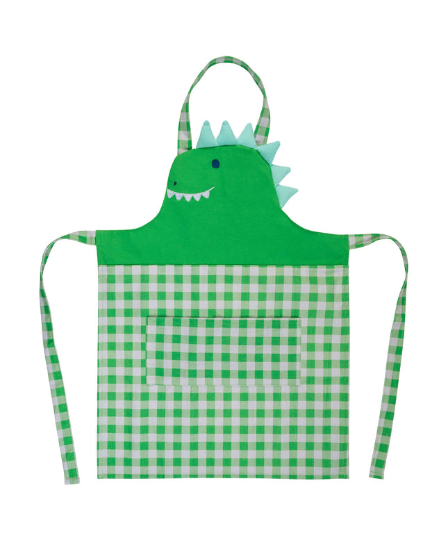 Green checkered apron with dinosaur design on a white background