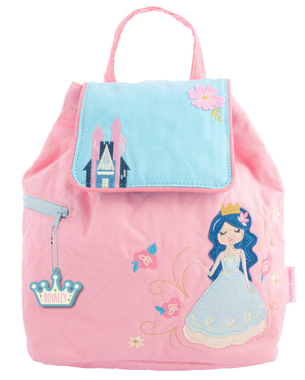 Pink backpack with princess design and castle on a white background